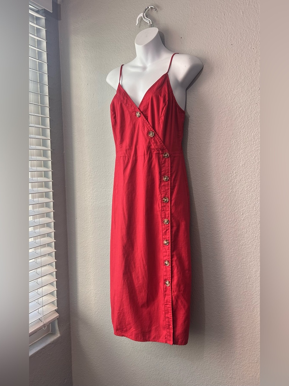 Express Red Sleeveless Midi Summer Dress Medium Smocked Button Front Cotton